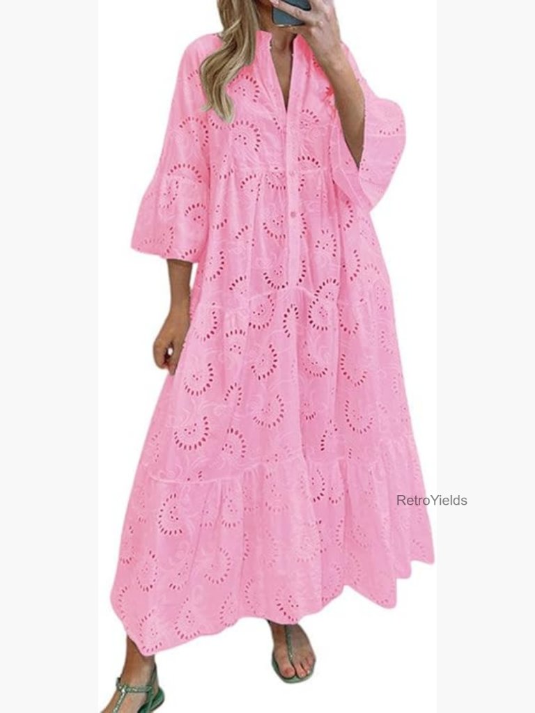 V-Neck Eyelet Lace Maxi Dress Boho Flowy Swing Trumpet Sleeve